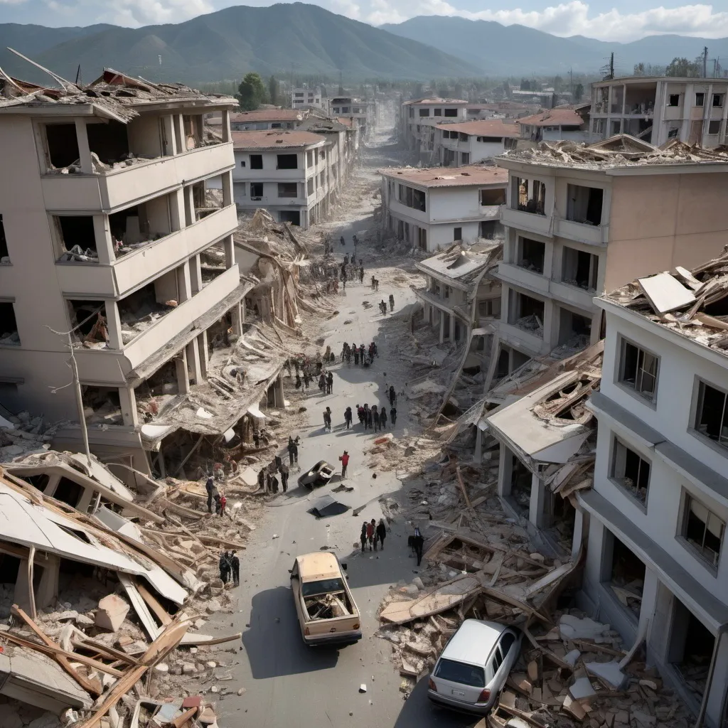 Prompt: Ultra-realistic photograph of a town affected by an earthquake. The image shows the devastation caused by the earthquake, with buildings in ruins and people in a state of panic and shock. The scene is filled with chaos, with debris and rubble strewn all over the place. The buildings are destroyed and in ruins, with some of them completely collapsed. People are trying to escape the devastation, with some looking for loved ones, while others are rushing outside to help the survivors. The images shows a grim and sobering reality of natural disasters