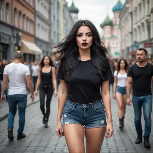 Prompt: A latin woman with long black hair and black eyes is walking down a street in moscow. She is wearing stylish mini denim shorts and a black t-shirt with short boots. Her hair is styled in loose waves and she is wearing burgundy lipstick and smoky eye makeup. . it's cold and there are a few people walking in the background. she looks impressive 