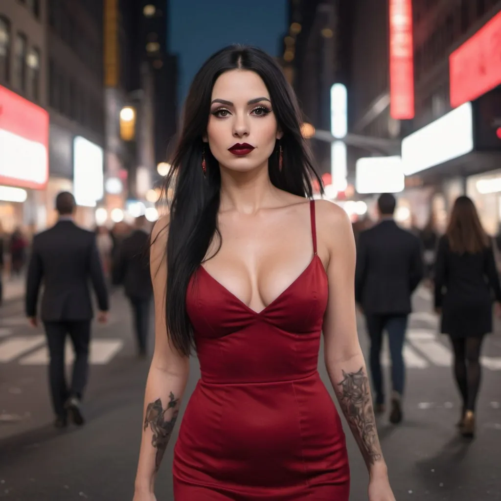 Prompt: Beautiful woman with long black hair and black eyes walking on a crowded street in new york. Ultra realistic photo, 4k,8k. She is wearing an elegant red dress and high heels, black stockings. Her hair is long and straight with cherry bruise lipstick and smoky eye makeup. it's a night shot and there are people walking in the background. she has an impressive look and she is looking at the camera she has a tattoo only on her right arm.