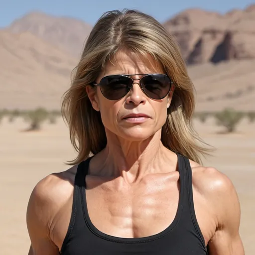 Prompt: linda hamilton, sportive body, black sunglass, hard look, ultra realistic, desert background