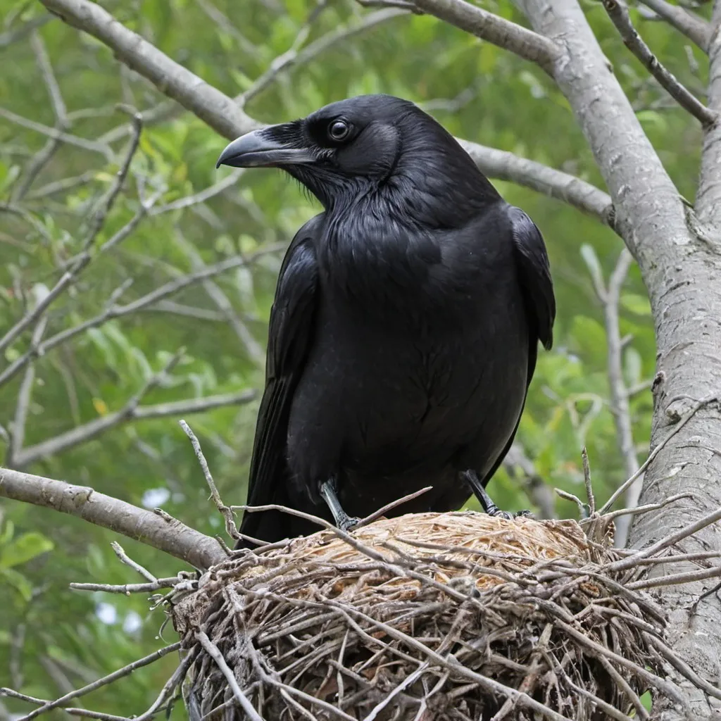 Prompt: a crow's nest female crow incubating