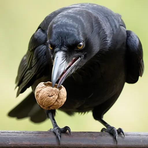 Prompt: a crow and a walnut in its mouth