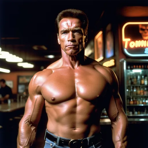 Prompt: arnold schwarzenegger terminator 2, nothing on him, his pecs are visible,  his muscular and imposing body from the 90s. angry face, real photography, 20 years, 8k,  in the background is a retro bar in America, night, darkness, the photo should only show the top of her waist, not show his pants