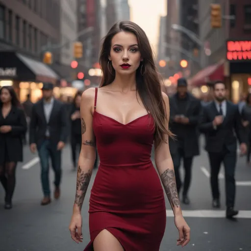 Prompt: Beautiful woman with long brown hair and brown eyes walking on a crowded street in new york. Ultra realistic photo, 4k,8k. She is wearing an elegant red dress and high heels, black stockings. Her hair is long and straight with cherry bruise lipstick and smoky eye makeup. it's a night shot and there are people walking in the background. she has an impressive look and she is looking at the camera she has a tattoo only on her right arm.
