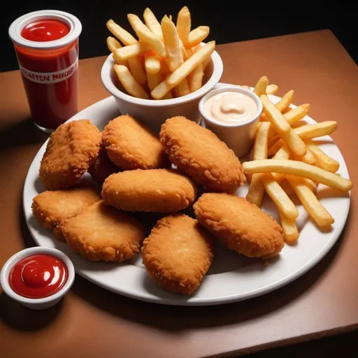 Prompt: Ultra-realistic portrait of a meal consisting of chicken nuggets, French fries and a side of ketchup and mayonnaise. The lighting is warm and inviting, emphasizing the flavors and textures of the food items. The chicken nuggets are golden brown and crisp on the outside, while the French fries are hot and crunchy. The ketchup is bright red and the mayonnaise is creamy white. The image has a sharp and vivid composure, with the colors and details of the food items being meticulously depicted. The overall atmosphere is delicious and appetizing, creating a sense of anticipation for the meal.