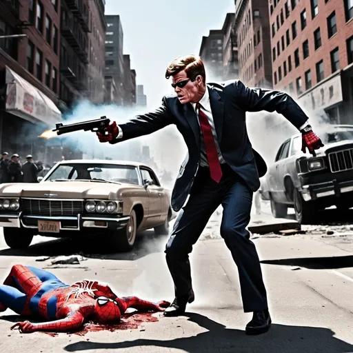 Prompt: Assassination of JFK by Spiderman on crack, Agent 47 with a 50 caliber sniper, intense action shot, comic book style, high-contrast colors, dramatic lighting, detailed cityscape, explosive impact, comic book, intense action, dramatic lighting, high-contrast, 50 caliber sniper, Spiderman, Agent 47, comic book style, explosive impact, detailed cityscape