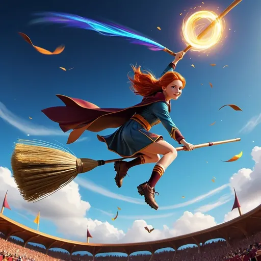 Prompt: High quality illustration, Ginny Weasley mounting a broom, flying on her broom during a Quidditch match, background composed of other blurry flying on a broom wizard or witch and Quidditch stadium, magical atmosphere, vibrant colors, detailed facial features, realistic hair movement, mystical, fantasy, dynamic pose, vibrant colors, magical glow, intense and focused expression, witch, broomstick, best quality, highres, vibrant, detailed, fantasy, magical, dynamic, intense, magical glow, atmospheric lighting, day light.