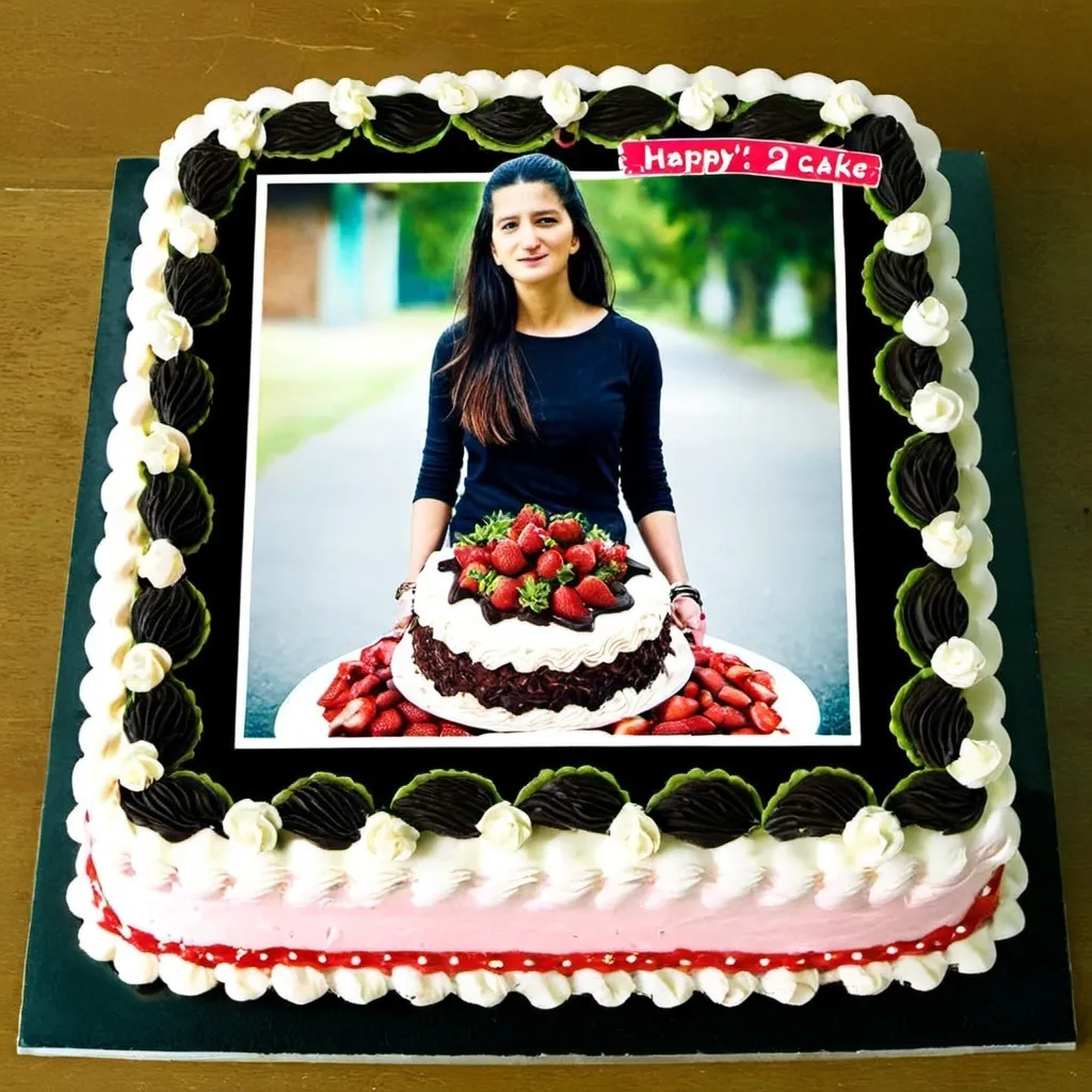 Prompt: a strawberry 2 layer cake with her photo designed on it with alot of decorative items