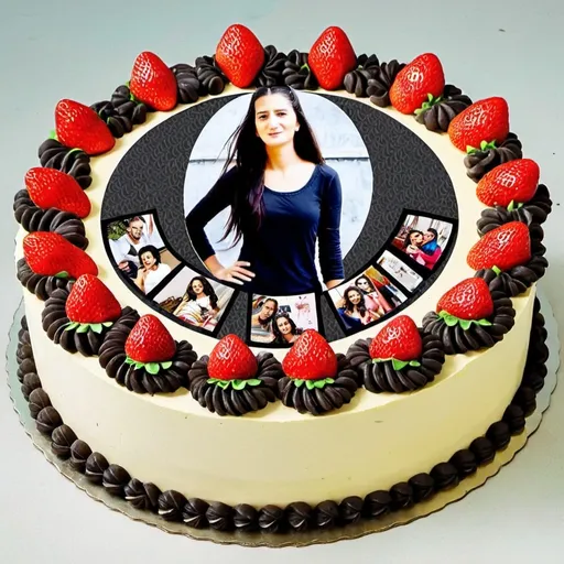 Prompt: a strawberry 2 layer cake with her photo designed on it with alot of decorative items