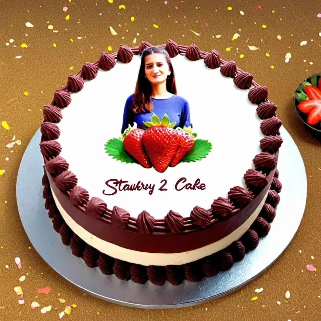 Prompt: a strawberry 2 layer cake with her photo designed on it with alot of decorative items