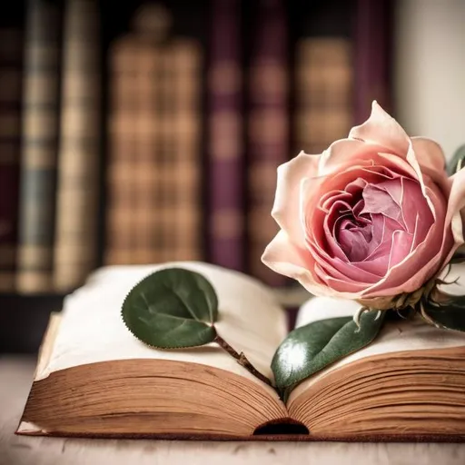 Prompt: library  ancien book whit rose flower 