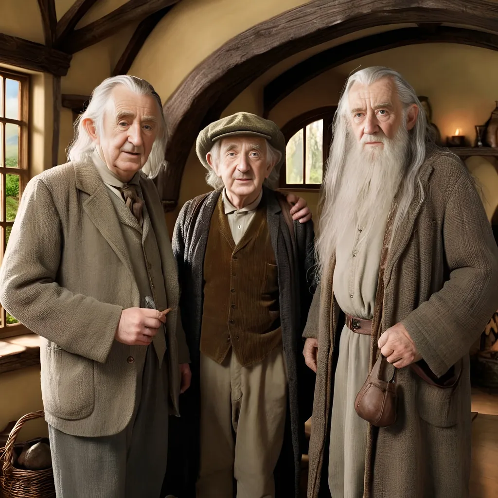 Prompt: J. R. R. Tolkien with Bilbo Baggins in The Hobbit and Gandalf in The Hobbit house