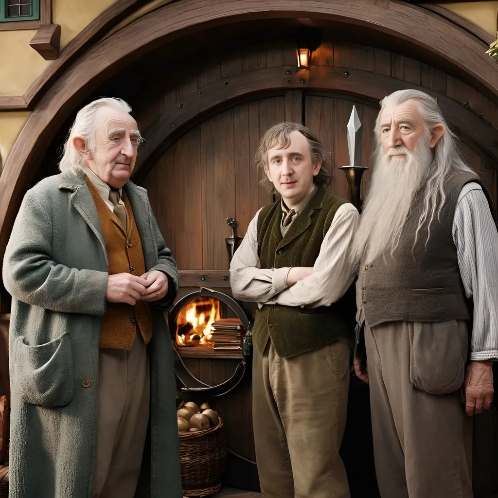 Prompt: J. R. R. Tolkien with Bilbo Baggins in The Hobbit and Gandalf in The Hobbit house