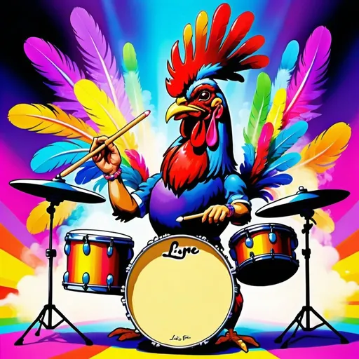 Prompt: Anthropomorphic rooster playing drums with drumsticks in surreal Lisa frank setting, vibrant colors, detailed feathers, whimsical, concert stage, lively characters, detailed instruments, smoke effects, best quality, surreal, happy mood, high-res, detailed, vibrant, whimsical, surreal setting, Studio Ghibli, detailed feathers, lively characters, concert stage, professional art style, smoke effects, drumming rooster, Lisa frank