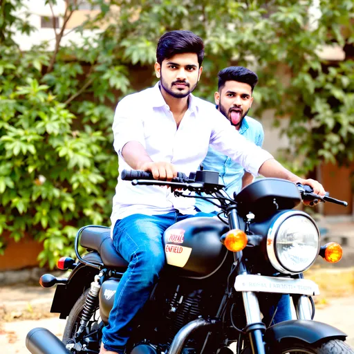 Prompt: A young man sits confidently on a sleek black Royal Enfield motorcycle, his posture relaxed yet assertive, exuding a sense of pride. He wears a crisp white shirt and casual denim jeans, paired with simple sandals, as he gazes directly at the camera with a serious expression. In the background, another person playfully sticks out his tongue, creating a lighthearted contrast to the first man's demeanor. The scene is set outdoors on a sunny day, surrounded by lush green foliage and the partially visible structures of a neighborhood, adding a lively, vibrant feel to the composition. The combination of the motorcycle's rugged design, the casual attire, and the playful interaction hints at a youthful moment of camaraderie and adventure.