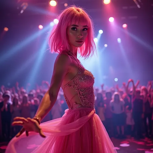 Prompt: pop star with pink color hair bob style  big eyes brown   wear a long flowing dress professional photography cinematography