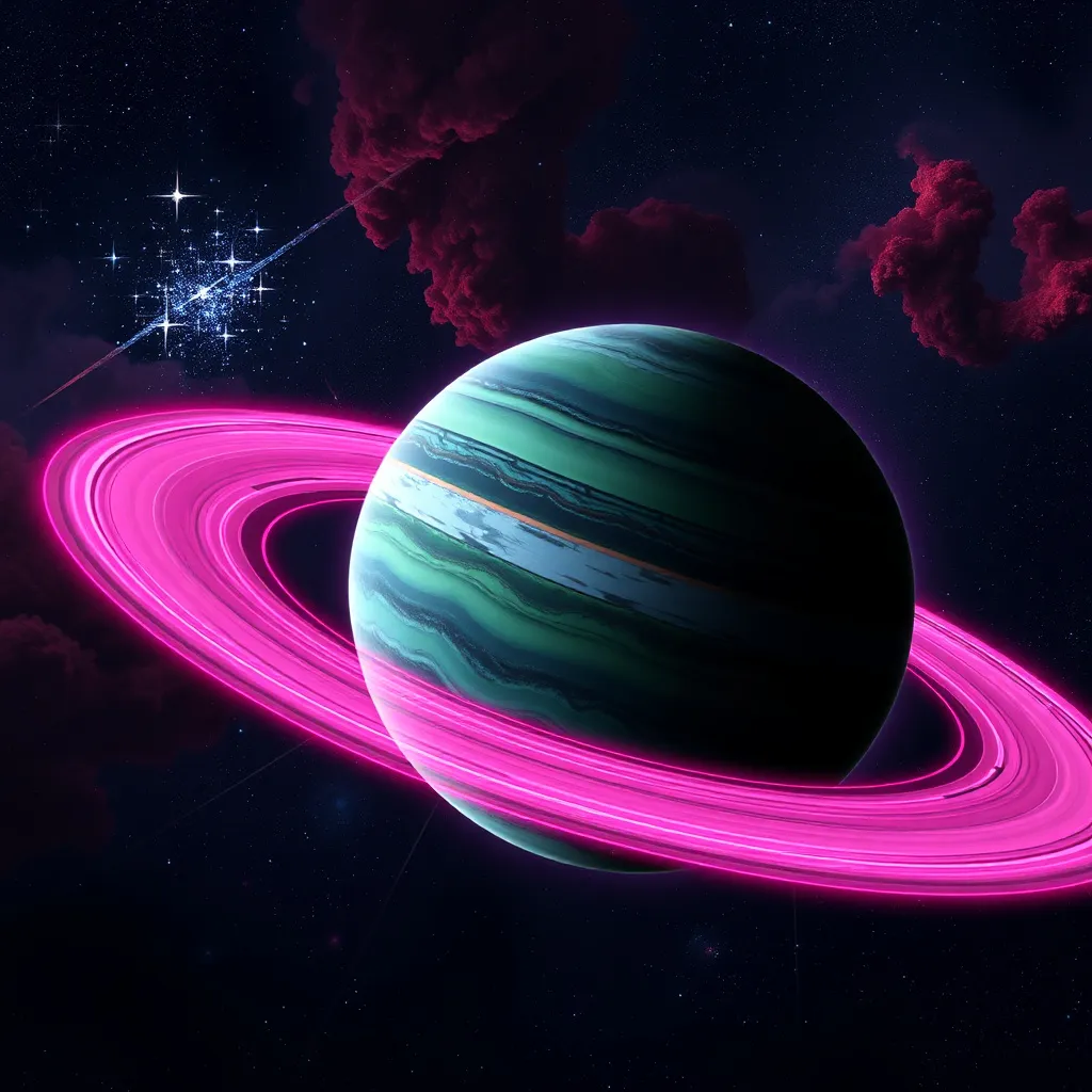 Prompt: A giant gas planet with swirling storms in shades of green and blue, its wide rings glowing in bright shades of pink and orange. In the distance, a star cluster twinkles with bright white and blue stars, adding depth to the cosmic expanse. Nebulae in red and purple hues float in the background, blending with the dark void. The planet’s rings reflect the light from the distant stars, creating a glowing effect that illuminates the surrounding space.