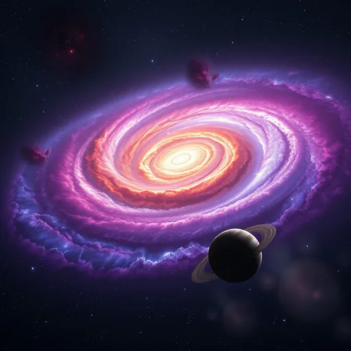 Prompt: A breathtaking view of a spiral galaxy with glowing arms in shades of purple and blue, set against a backdrop of thousands of stars. Nebulae of red, orange, and pink swirl through the cosmic expanse, while a planet with rings glides in the foreground. Distant stars twinkle, and a faint, glowing mist hangs in the space, giving the entire scene an ethereal feel.