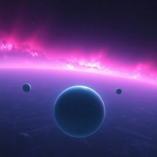 Prompt: A glowing pink and purple nebula stretching across the vastness of space, with bright stars scattered throughout. In the foreground, an icy planet with a cracked surface floats, its atmosphere faintly glowing blue. Three moons orbit the planet, each with distinct craters and rocky textures. The nebula's light reflects off the icy planet’s surface, creating a serene and cold atmosphere