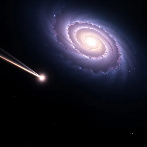 Prompt: A distant spiral galaxy glowing in soft purple and white light, with its arms swirling through the dark void of space. A bright comet with a long, fiery tail streaks past in the foreground, its light contrasting sharply with the distant galaxy. Surrounding the galaxy are small stars and cosmic dust, adding texture to the image. The contrast between the calm galaxy and the fast-moving comet creates a dynamic and exciting scene.