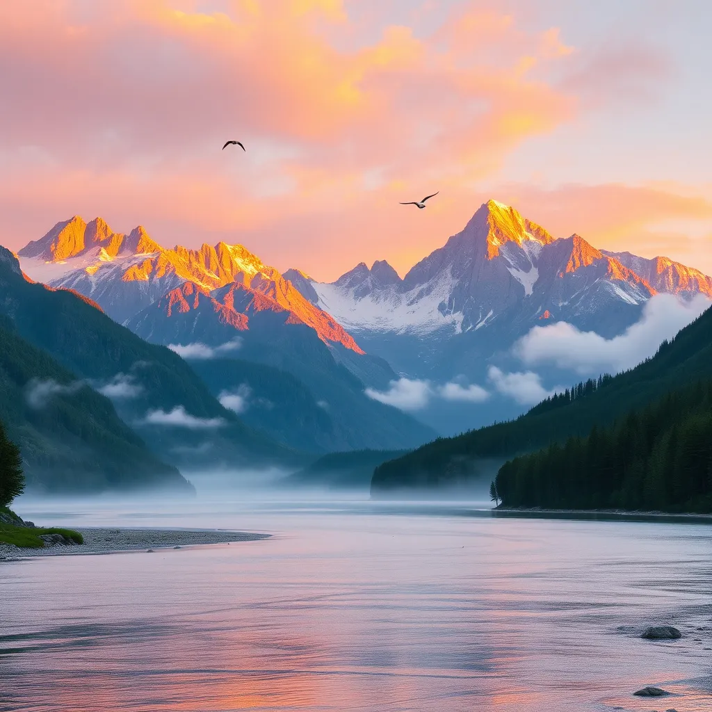 Prompt: A breathtaking mountain landscape at sunrise, with light mist covering the valleys and mountain peaks illuminated by golden morning light. In the foreground, a calm river reflects the mountains, while the sky is filled with hues of orange, pink, and purple. The mountains are lush with greenery and capped with snow. A few birds fly across the sky, adding a sense of peace and grandeur to the scene