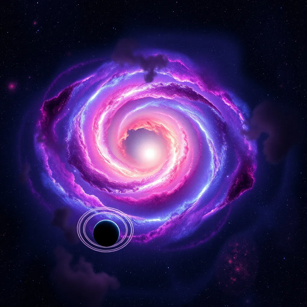 Prompt: A breathtaking view of a spiral galaxy with glowing arms in shades of purple and blue, set against a backdrop of thousands of stars. Nebulae of red, orange, and pink swirl through the cosmic expanse, while a planet with rings glides in the foreground. Distant stars twinkle, and a faint, glowing mist hangs in the space, giving the entire scene an ethereal feel.