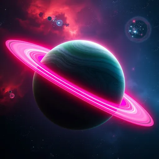 Prompt: A giant gas planet with swirling storms in shades of green and blue, its wide rings glowing in bright shades of pink and orange. In the distance, a star cluster twinkles with bright white and blue stars, adding depth to the cosmic expanse. Nebulae in red and purple hues float in the background, blending with the dark void. The planet’s rings reflect the light from the distant stars, creating a glowing effect that illuminates the surrounding space.