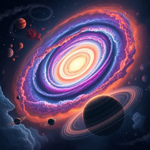 Prompt: Prompt: "A massive spiral galaxy with glowing arms in vibrant shades of blue, purple, and violet, located in the heart of a star-filled universe. Surrounding the galaxy are intricate nebulae in orange, red, and pink hues, swirling through the cosmic expanse. In the foreground, a large planet with bright rings orbits slowly, its surface glistening with icy textures and craters. Stars twinkle in various sizes and brightness, while cosmic gas clouds give the scene a soft, ethereal glow."