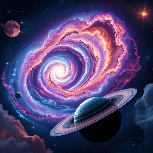 Prompt: Prompt: "A massive spiral galaxy with glowing arms in vibrant shades of blue, purple, and violet, located in the heart of a star-filled universe. Surrounding the galaxy are intricate nebulae in orange, red, and pink hues, swirling through the cosmic expanse. In the foreground, a large planet with bright rings orbits slowly, its surface glistening with icy textures and craters. Stars twinkle in various sizes and brightness, while cosmic gas clouds give the scene a soft, ethereal glow."