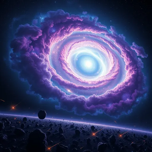 Prompt: A bright galactic core radiating intense blue and white light, surrounded by dark cosmic dust and stars in the far distance. In the foreground, an asteroid field is illuminated by the light from the core, with meteor showers streaking through the scene. Gas clouds in purple and red hues twist around the core, blending with the darkness of space. The entire scene conveys the dynamic energy and depth of a distant galaxy