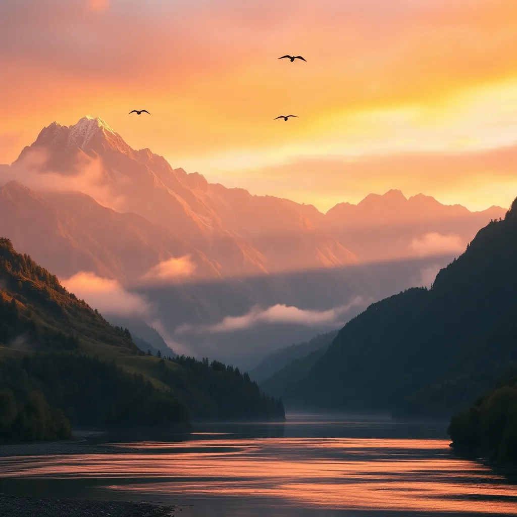 Prompt: A breathtaking mountain landscape at sunrise, with light mist covering the valleys and mountain peaks illuminated by golden morning light. In the foreground, a calm river reflects the mountains, while the sky is filled with hues of orange, pink, and purple. The mountains are lush with greenery and capped with snow. A few birds fly across the sky, adding a sense of peace and grandeur to the scene