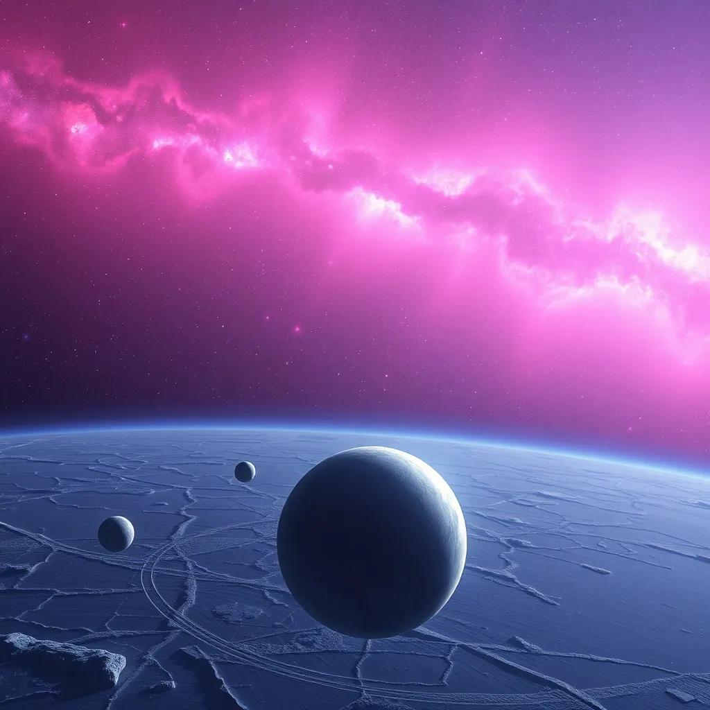 Prompt: A glowing pink and purple nebula stretching across the vastness of space, with bright stars scattered throughout. In the foreground, an icy planet with a cracked surface floats, its atmosphere faintly glowing blue. Three moons orbit the planet, each with distinct craters and rocky textures. The nebula's light reflects off the icy planet’s surface, creating a serene and cold atmosphere