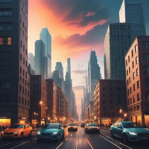 Prompt: Create an image of a [type of cityscape] during [time of day]. The buildings should have [surface description] with [decorative elements], reflecting the [color] hues of the sky. Include [type of vehicles] in the sky and bustling [area of city] below. This urban landscape should blend [technology level] with the natural beauty of [natural element], providing a dynamic and captivating visual experience.