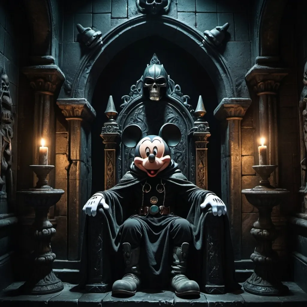 Prompt: Mickey Mouse ad Dr. Doom sitting on a throne in a dark castle
