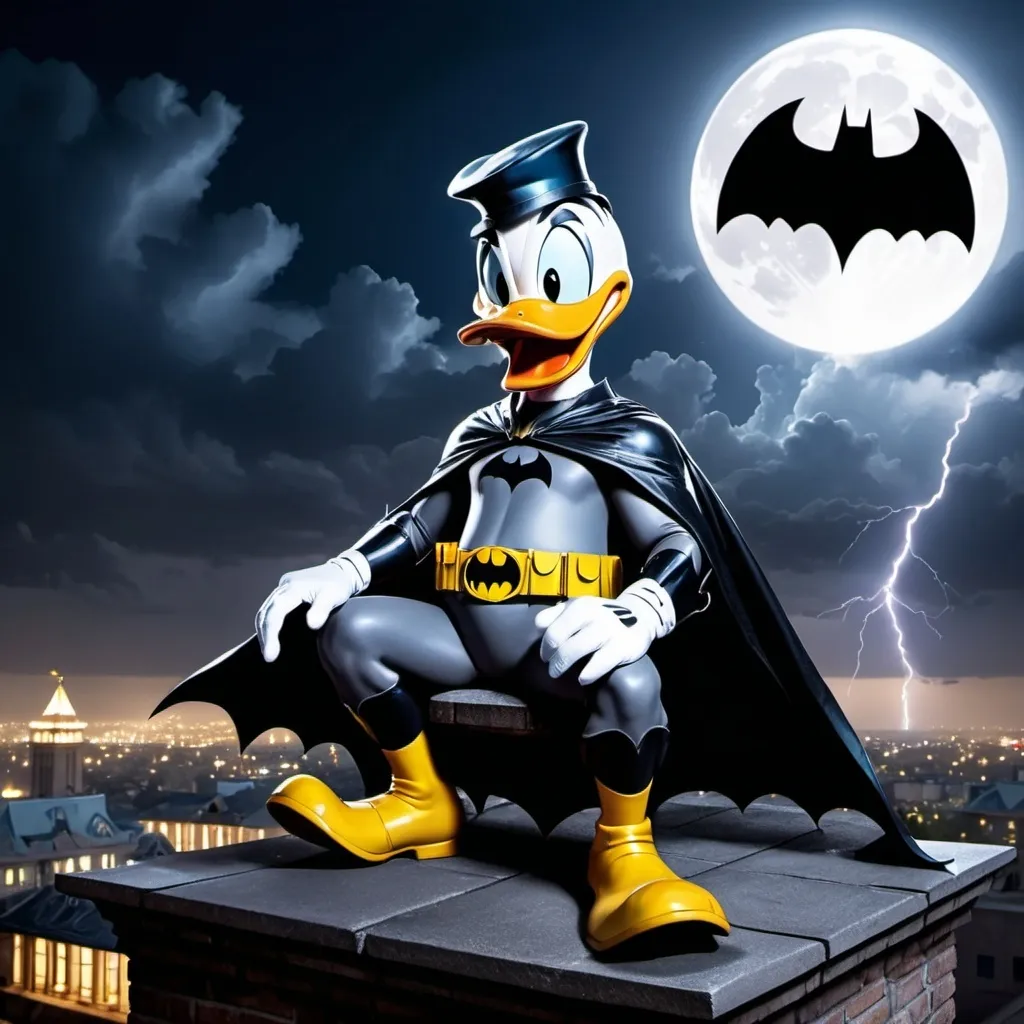 Prompt: Donald Duck as Batman sitting on top of a building overlooking the city at night with bright moon with some dark clouds and several lightning bolts in the background
