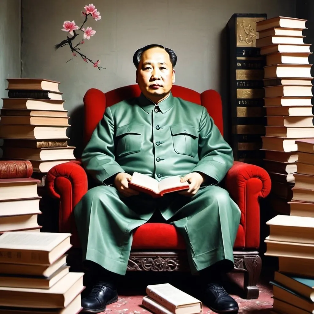 Prompt: create an image of mao zedong sitting in contemplation sourropunded by books
