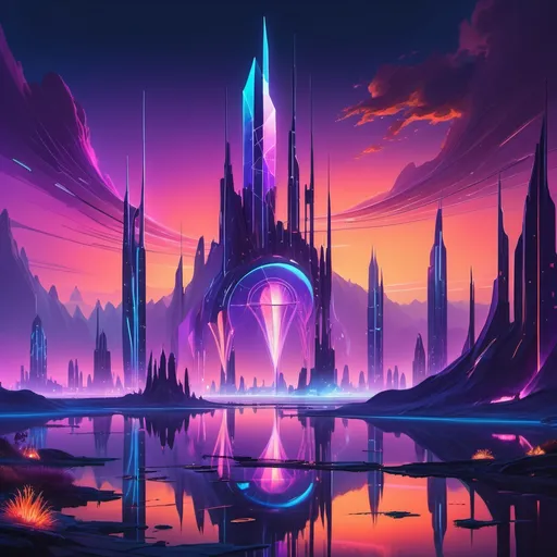 Prompt: "A vast, surreal landscape at twilight where the sky is a mix of deep purples, blues, and vibrant oranges. Towering, futuristic structures rise from the ground, resembling a fusion of crystal and metal, glowing faintly with neon lights. In the foreground, a reflective, tranquil lake mirrors the fantastical skyline, and ethereal creatures with luminescent wings hover just above the water. The scene feels both otherworldly and serene, with stars beginning to twinkle in the sky, and soft mist floating around the edges of the lake