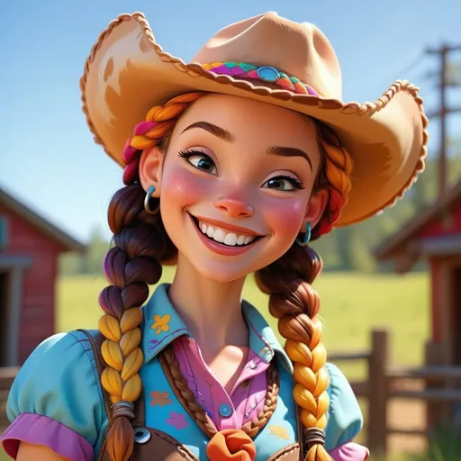 Prompt: Disney style cow girl with braids and a happy smile, vibrant colors, sunny