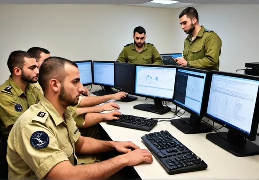 Prompt: IDF Agam program graduates, applying their skills in data processing and intelligence analysis within the central collection unit. They are utilizing cutting-edge computer systems to interpret and deliver critical information to support military operations
