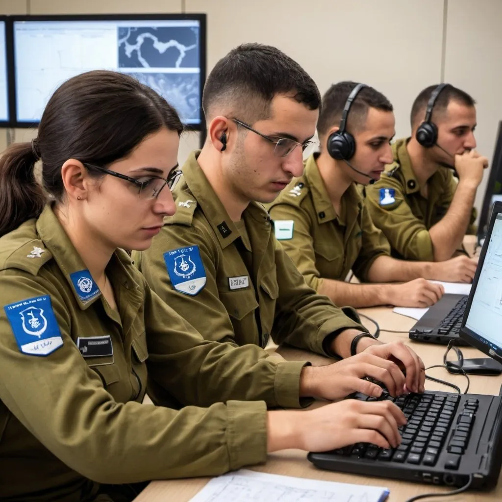 Prompt: IDF soldiers, including both men and women, engaging in system development and integration tasks. They are designing and implementing new features, enhancing the capabilities of military information systems, and ensuring seamless operation across various platforms