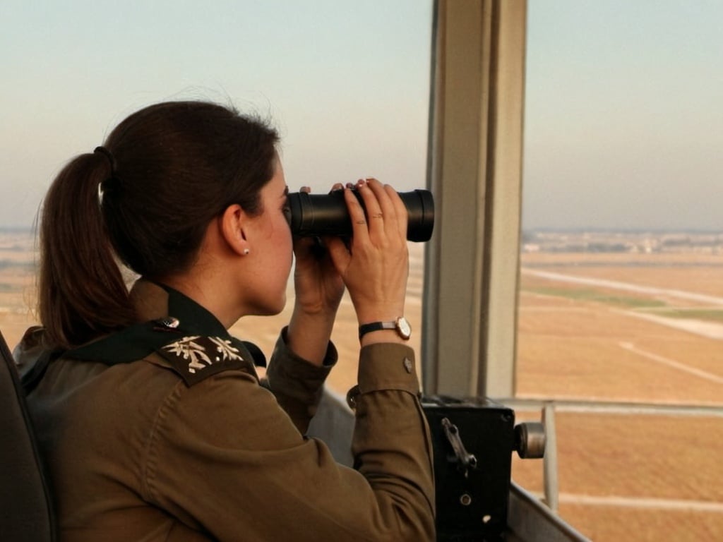 Prompt: a female IDF soldier looking through a pair of binoculars at a field and a plane in the distance with a view of the sky, Camille Bouvagne, new objectivity, clear focus, a stock photo