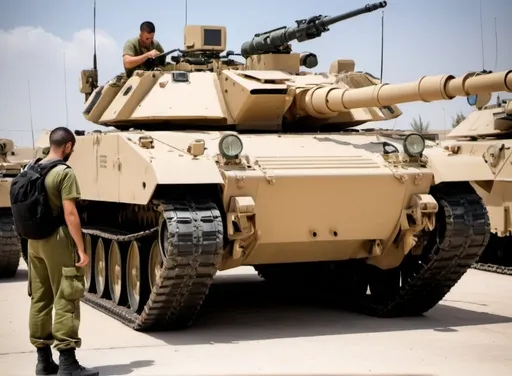 Prompt: IDF soldiers (male and female) performing detailed maintenance and repairs on tank electronic warfare systems, ensuring these armored vehicles remain operational in various combat scenarios