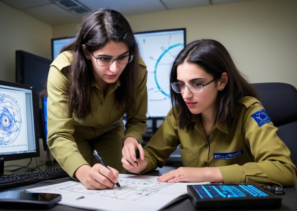 Prompt: IDF soldiers, both male and female, independently conducting advanced research on technological and intelligence threats. They are integrating their training in physics, computer science, and mathematics to uncover and neutralize potential threats