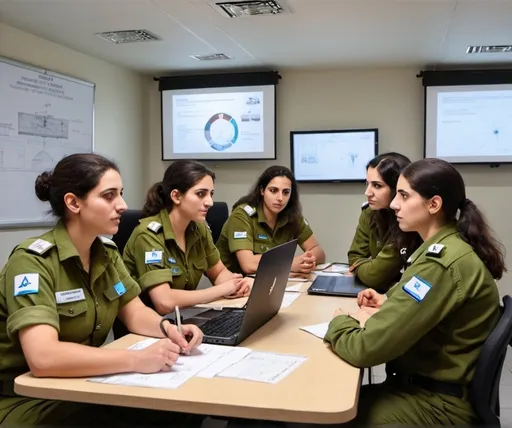 Prompt: Mixed-gender team of IDF soldiers presenting their findings and solutions during a technical briefing, showcasing their ability to independently manage complex electronic systems and effectively communicate under pressure