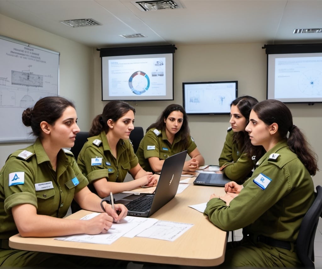 Prompt: Mixed-gender team of IDF soldiers presenting their findings and solutions during a technical briefing, showcasing their ability to independently manage complex electronic systems and effectively communicate under pressure