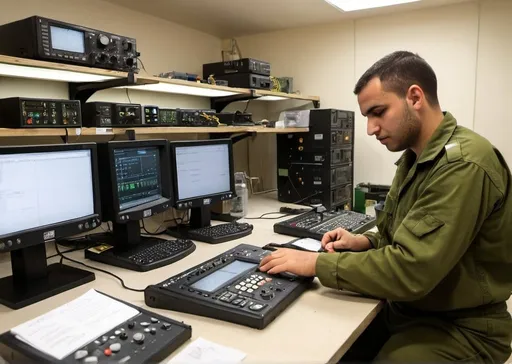 Prompt: IDF radio and communication system technicians, working in a laboratory environment. They are calibrating and maintaining various radio and network systems, ensuring all equipment is operational for military use