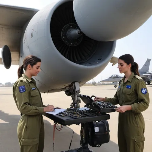 Prompt: IDF soldiers (male and female) performing routine maintenance on military aircraft, ensuring all components are functioning properly and conducting thorough inspections