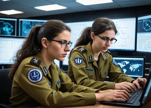 Prompt: IDF cyber intelligence officers, both male and female, conducting complex research and data analysis using advanced programming techniques. They are identifying and mitigating cyber threats to national security, leveraging their deep understanding of new technologies