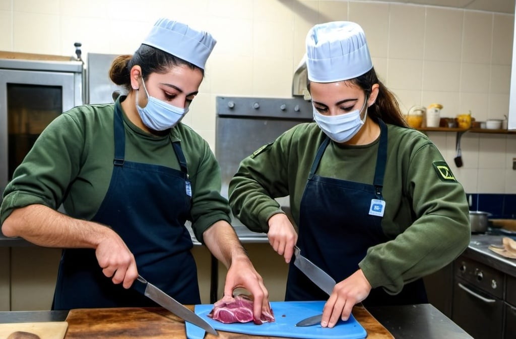 Prompt: male and female IDF soldiers in a kitchen wearing masks and cutting something with a knife and a fork on a cutting board, Avigdor Arikha, barbizon school, david lazar, a stock photo
