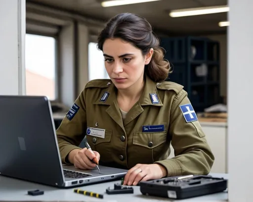 Prompt: a woman in an IDF uniform is fixing a laptop computer with a screwdriver , De Hirsh Margules, les automatistes, promotional image, a character portrait